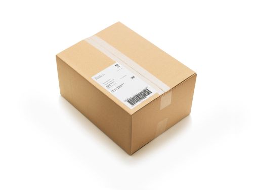 A cardboard box with a barcode label